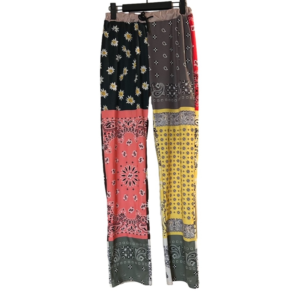 Bandana pants women size M silky drawstring color block straight leg jogger
